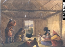 painting:  Malecite Indian Wooden Hut Interior - Saint John River, c. 1840