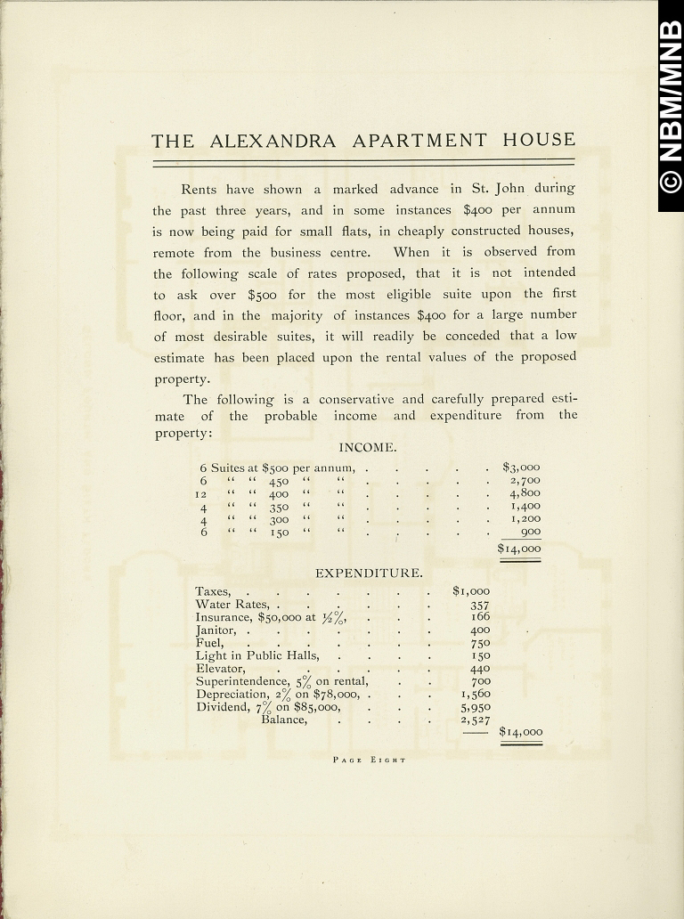 Alexandra Apartment House, Prospectus of the Proposed Apartment House, Saint John, New Brunswick