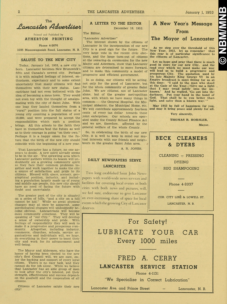 Exemplaire-souvenir du Lancaster Advertiser, annonant la naissance de Lancaster en tant que ville, Nouveau-Brunswick, Canada