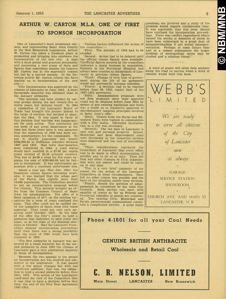 Exemplaire-souvenir du Lancaster Advertiser, annonant la naissance de Lancaster en tant que ville, Nouveau-Brunswick, Canada