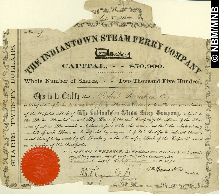 The Indiantown Steam Ferry Company, 20 Dollars Shares, Stock Certificate