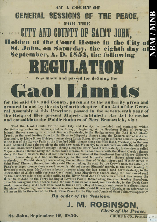 Limites du terrain de la prison, cour de sessions gnrales de la paix de la ville et du comt de Saint John, Nouveau-Brunswick