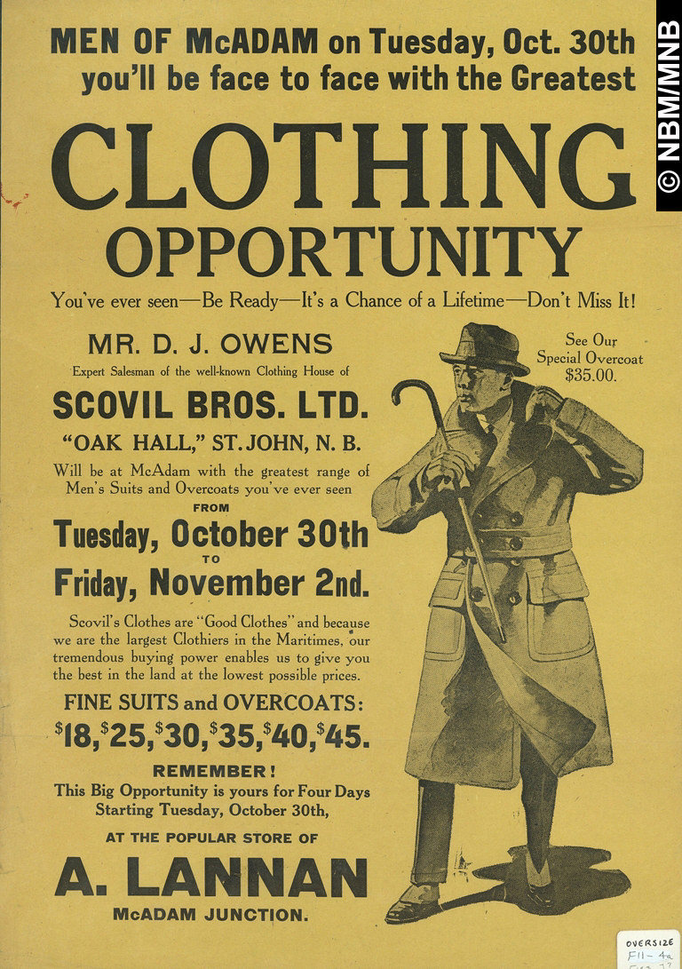 Publicit de vtements destine aux hommes de McAdam, Scovil Brothers Limited, Saint John, Nouveau-Brunswick