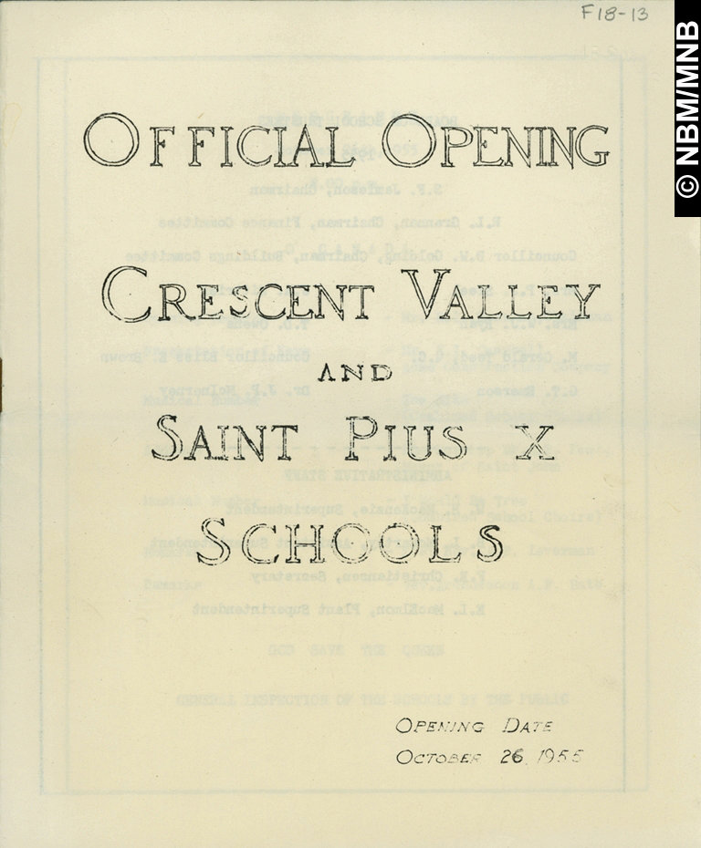 Inauguration des coles Crescent Valley et Saint Pius X, Saint John, Nouveau-Brunswick