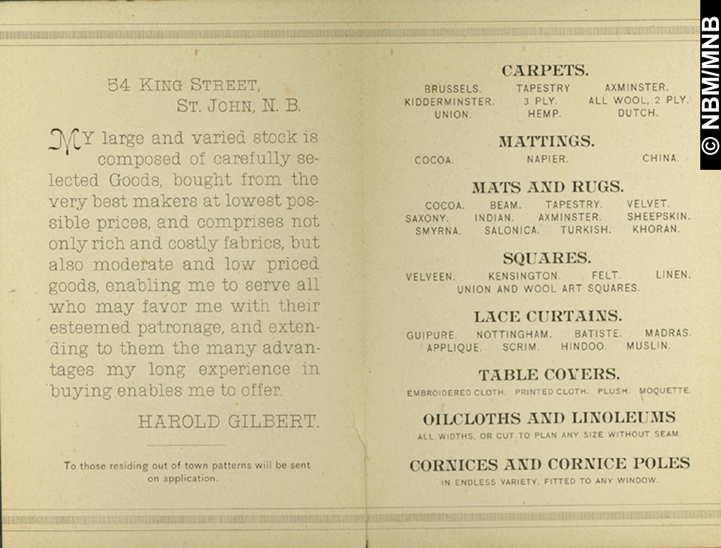 Carpet and House Furnishings Warehouse, Harold Gilbert, 54 King Street, Saint John, New Brunswick