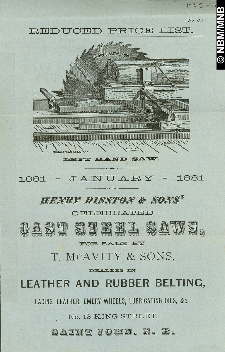Cast Steel Saws, Reduced Price List, T. McAvity & Sons, Saint John, New Brunswick