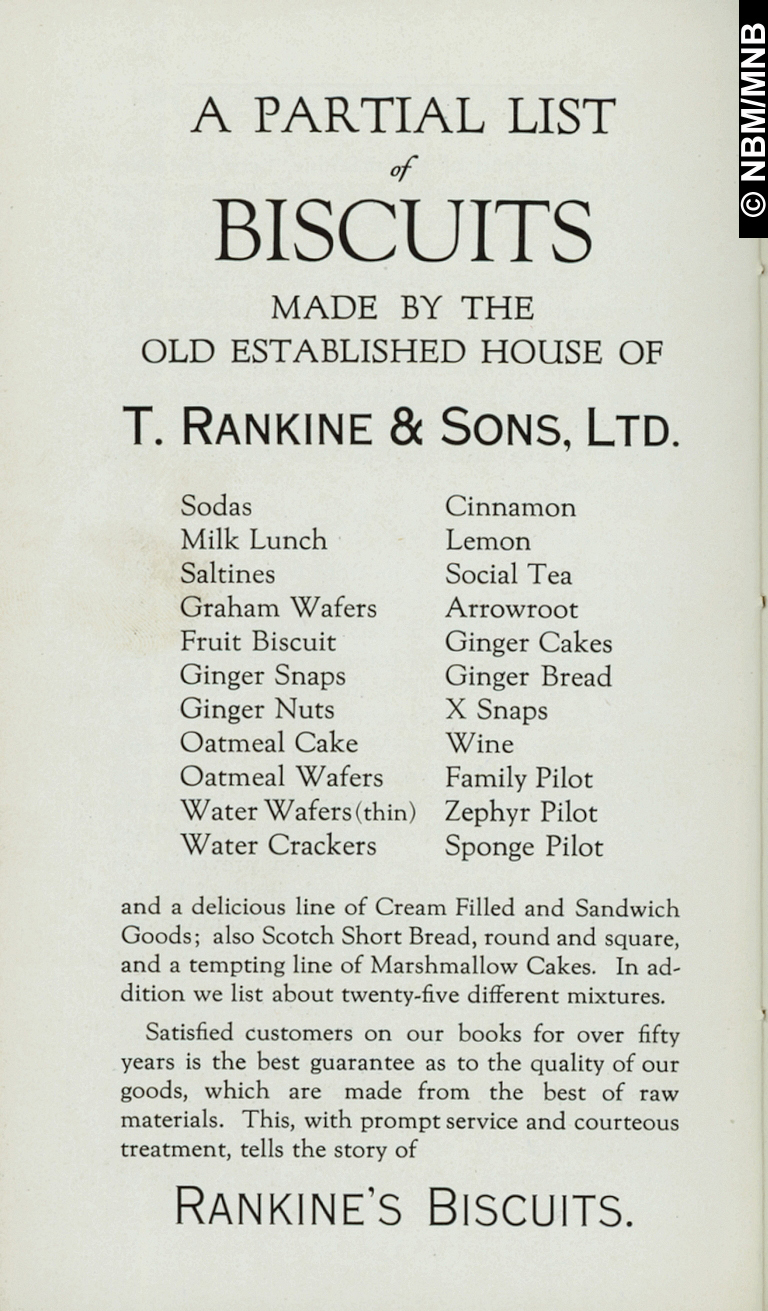 Listes des biscuits, T. Rankine & Sons Limited, fabricants de biscuits, Saint John, Nouveau-Brunswick