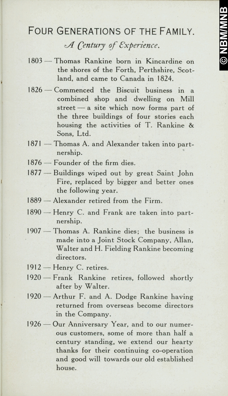 Chronologie, T. Rankine & Sons Limited, fabricants de biscuits, Saint John, Nouveau-Brunswick