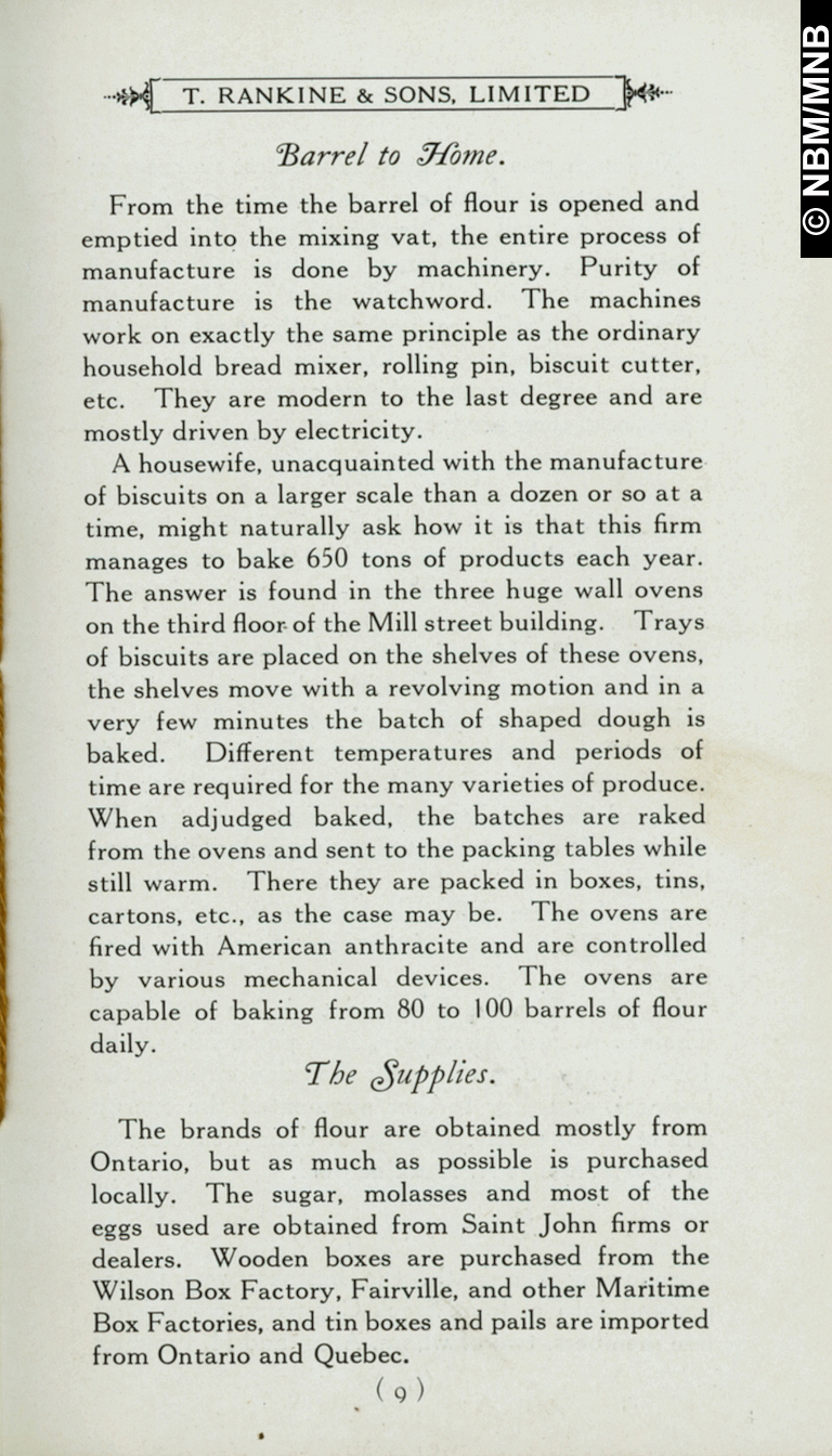 Histoire et procd de fabrication des biscuits, T. Rankine & Sons Limited, fabricants de biscuits, Saint John, Nouveau-Brunswick