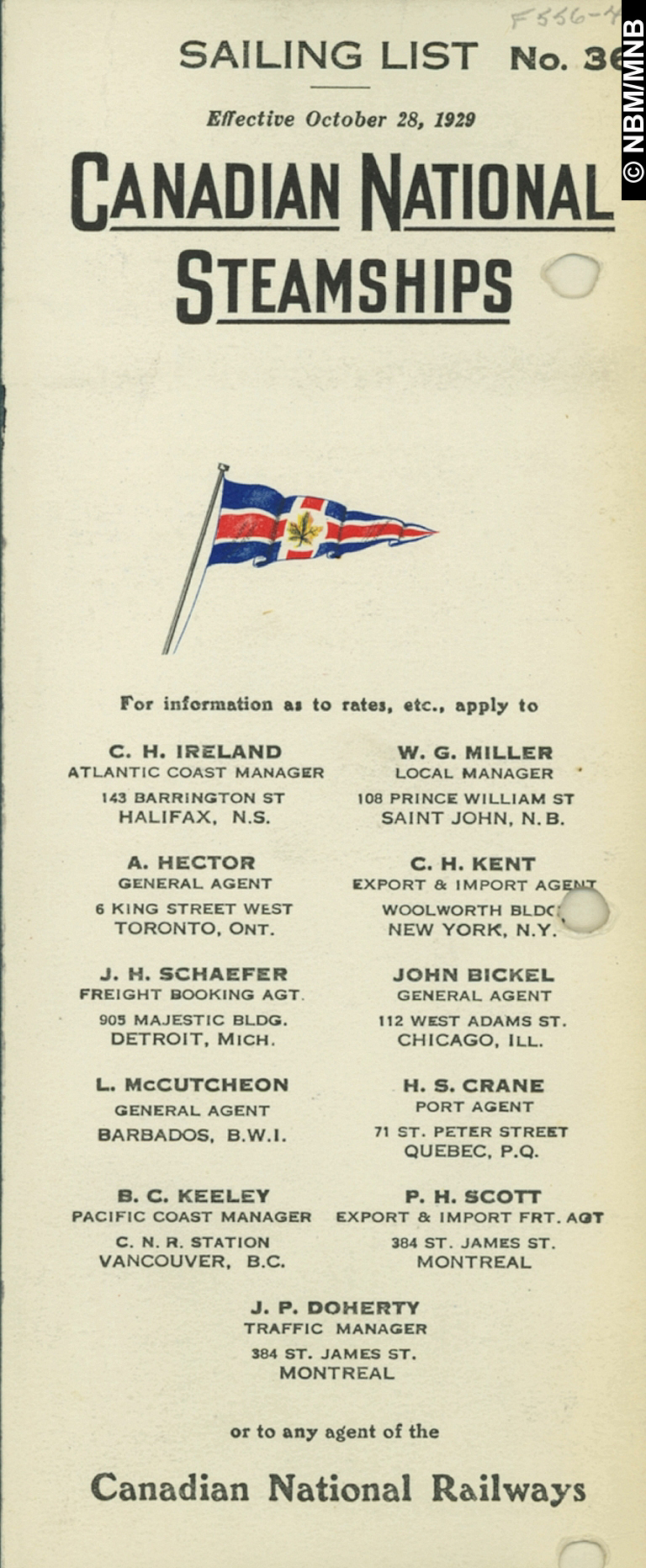Canadian National Steamships, Sailing List, Atlantic Services from Saint John, N.B. and Halifax, N.S.