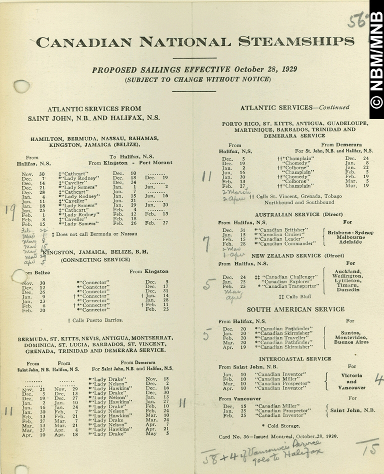 Canadian National Steamships, Sailing List, Atlantic Services from Saint John, N.B. and Halifax, N.S.