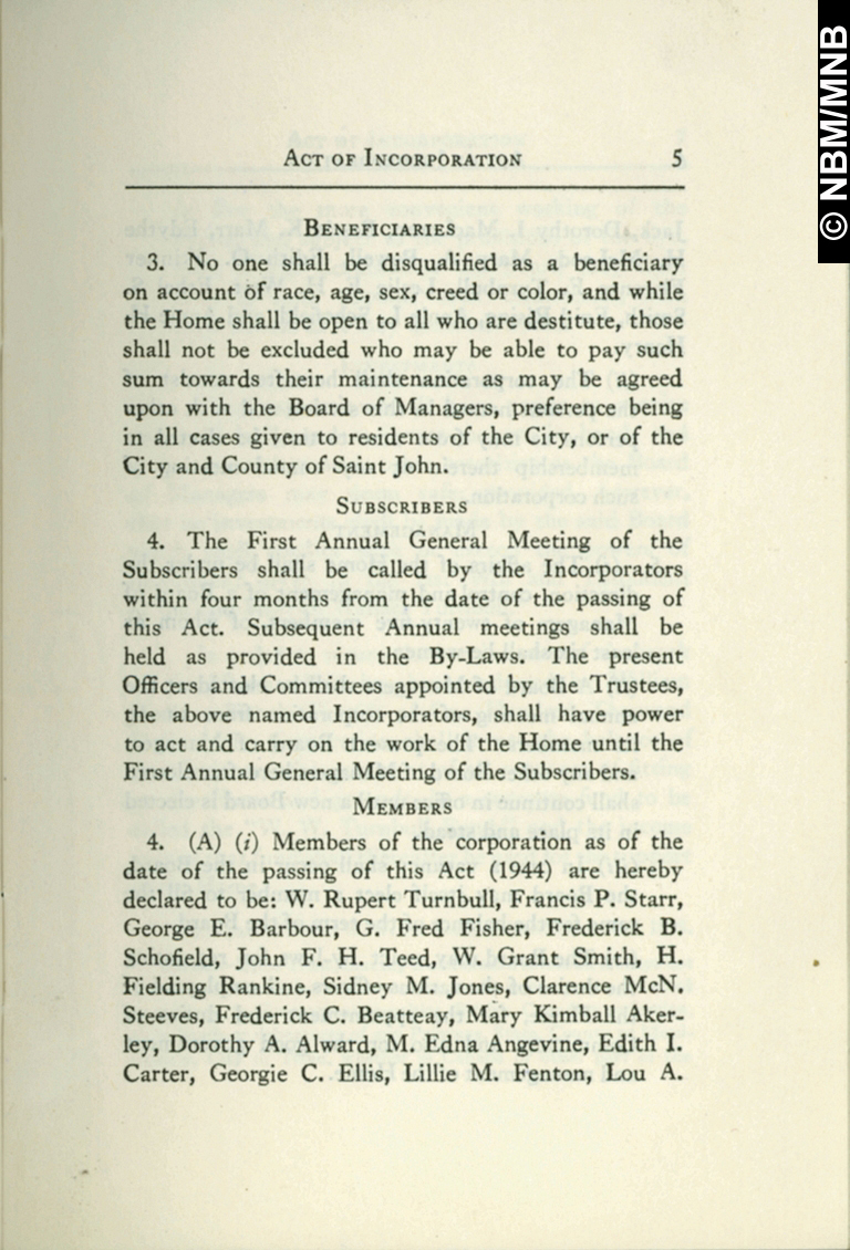 Loi et statuts constitutifs de la maison Turnbull, Saint John, Nouveau-Brunswick