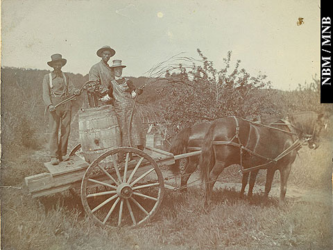 Minnie Bell Sharp and hired hand on a wagon with water apparatus in Francis Peabody Sharp