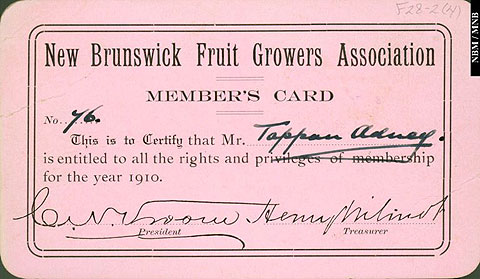 Carte de membre, New Brunswick Fruit Growers Association