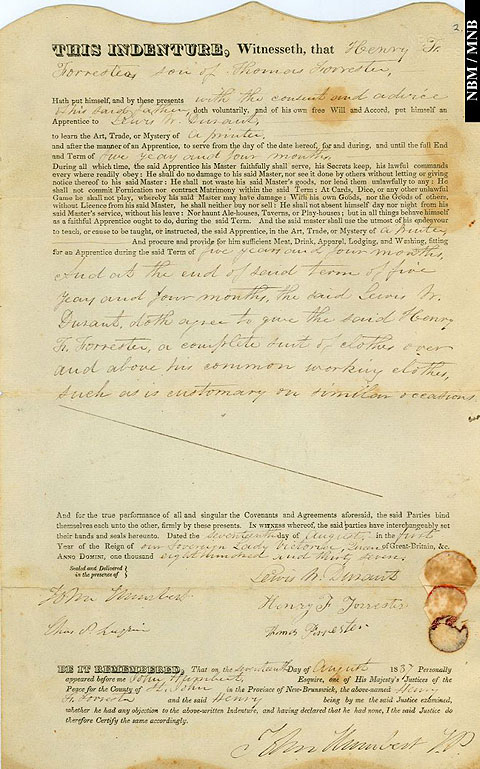 Indenture of Henry F. Forrester apprenticed to printer Lewis Durant