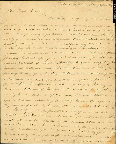 A letter from Emma Forrester to Lewis Durant protesting inhumane treatment of her son apprenticed to Durrant.