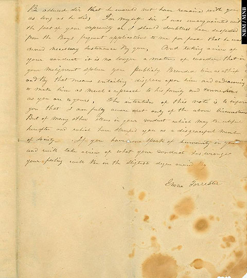 A letter from Emma Forrester to Lewis Durant protesting inhumane treatment of her son apprenticed to Durrant.