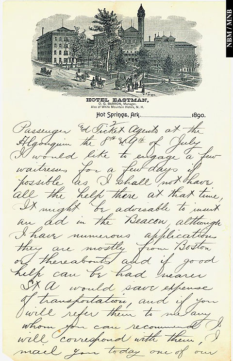 A letter from Charles V. Carter, Hot Springs, Arkansas, regarding Algonquin Hotel employee applications