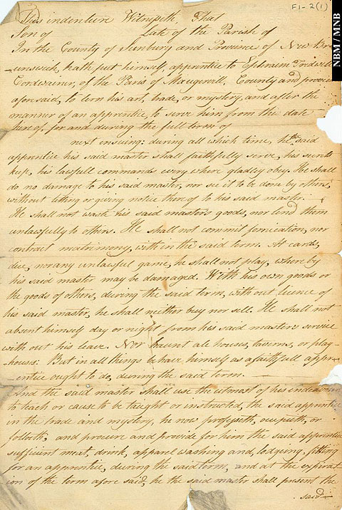 Agreement form of apprenticeship as cordwainer to Ephraim Treadwell, Maugerville, New Brunswick