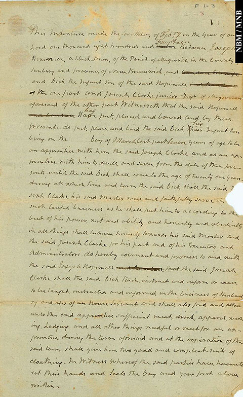 Agreement, Dick Hopewell, a black man, apprenticed as farmer and servant to Joseph Clarke, Maugerville, New Brunswick