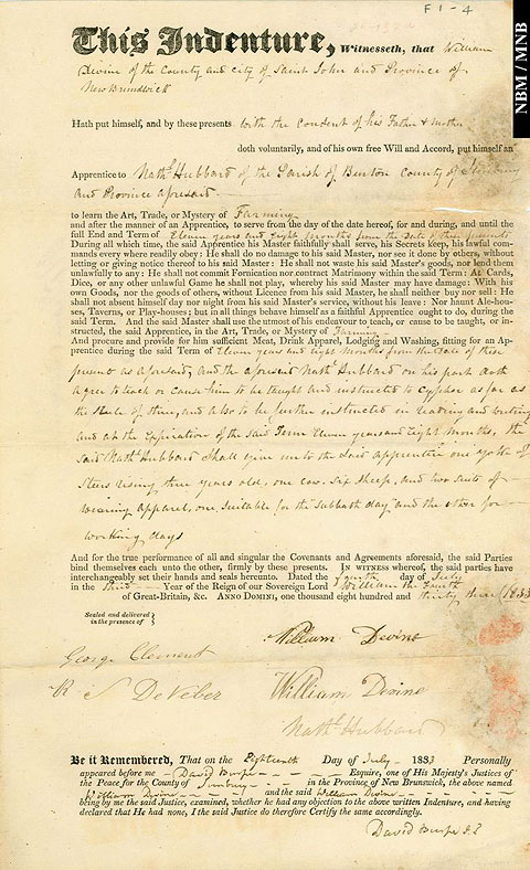 Agreement, William Devine, Saint John, apprenticed as farmer to Nathaniel Hubbard, Burton, New Brunswick