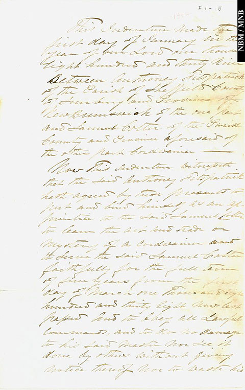 Agreement, Anthony Fitzpatrick apprenticed as cordwainer to Samuel Colter, Sheffield Parish, Sunbury County, New Brunswick