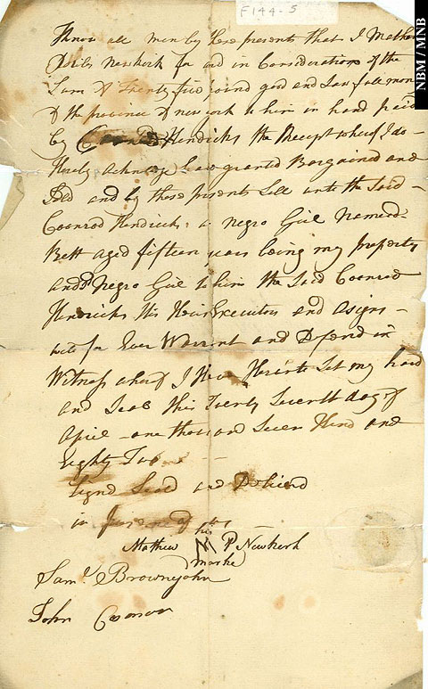 Receipt from Mathew P. Newkirk of New York to Conrad Hendrick, for a female slave named Bett, age 15.