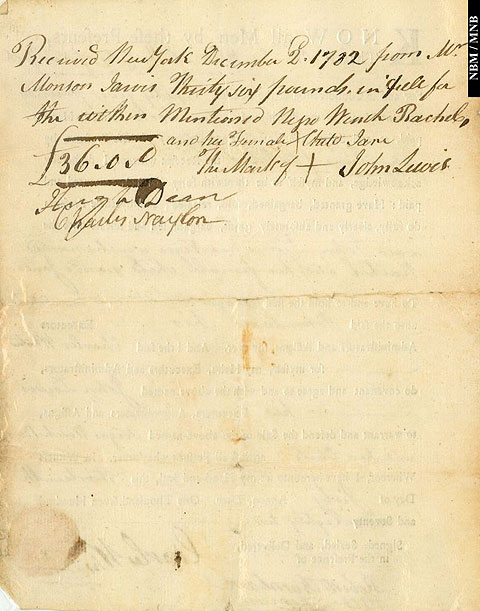 Receipt from Charles White of the City of New York, to John Lewis,  for a slave Rachel, and her female child Jane, New York