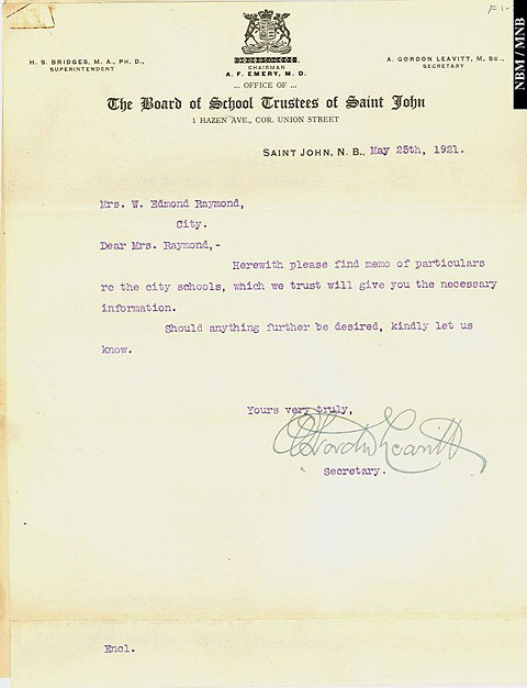 A letter from Gordon Leavitt, Secretary, Board of School Trustees, Saint John, to Mrs. W. Edmond Raymond, regarding information on city schools