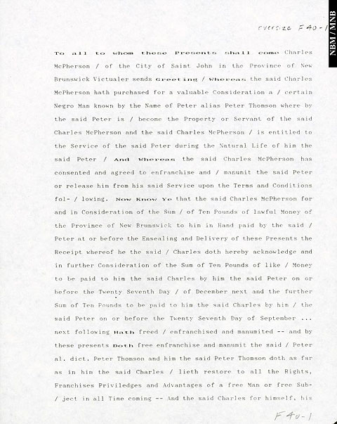 Transcript of the Manumission of Peter Thomson,  a black slave freed by Charles McPherson, Saint John