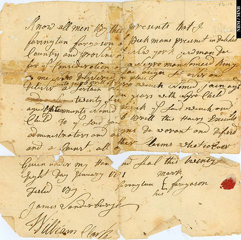 Bill of sale of a black woman, named Jainay and child, to Jacob Brill in exchange for a black man, Beekmans, Duchess County, New York