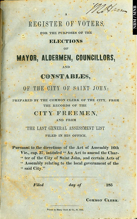 Register of Voters, for the purposes of the elections of Mayor, Alderman, Councilors, and Constables of the City of Saint John