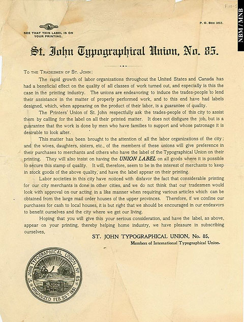 Lettre de la St. John Typographical Union, section no 85, aux gens de mtier de Saint John au sujet de  ltiquette syndicale .