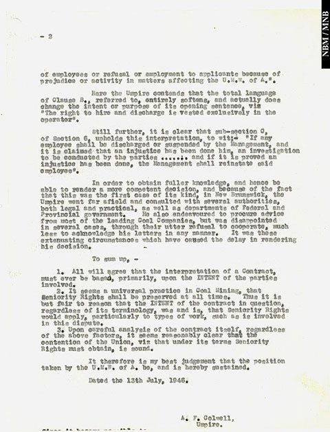 Dcision dA. F. Colwell, arbitre, dans un conflit entre les United Mine Workers of America, section no 26, sous-section no 7, et la Minto Coal Company, Nouveau-Brunswick