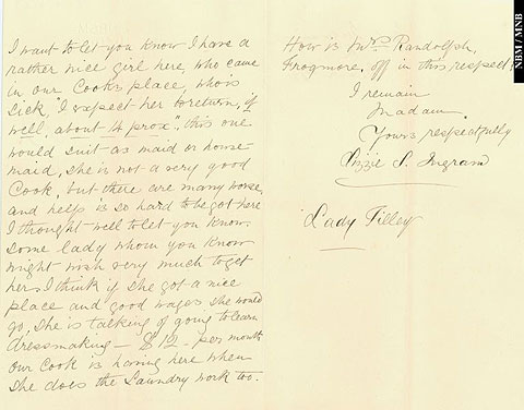 Lettre de Lizzie P. Ingram  Lady Tilley au sujet de lemploi dune femme de chambre