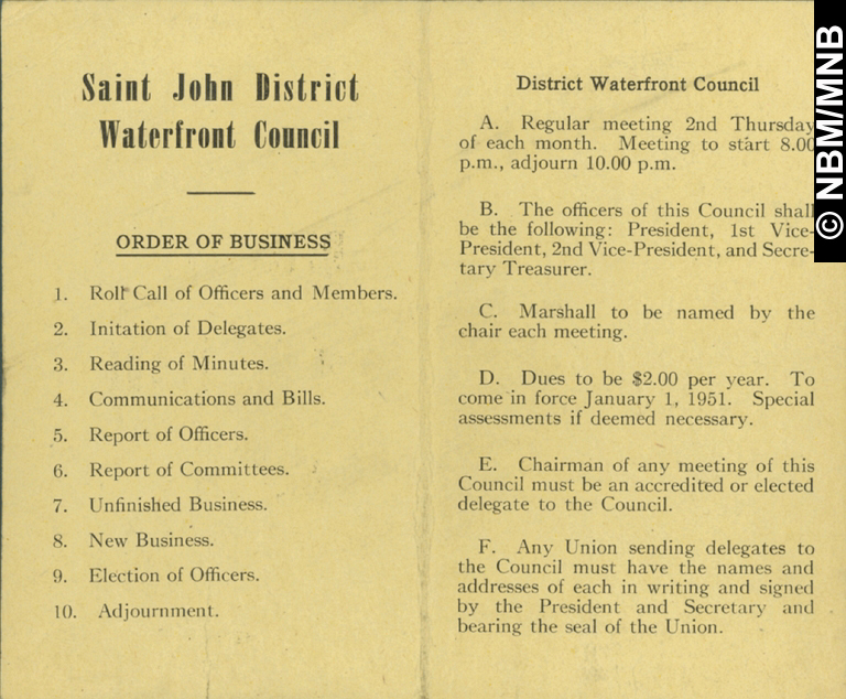 Order of Business, Saint John District Waterfront Council, Saint John, New Brunswick