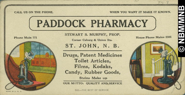 Paddock Pharmacy, Stewart S. Murphy, Corner Coburg & Union Streets, Saint John, New Brunswick