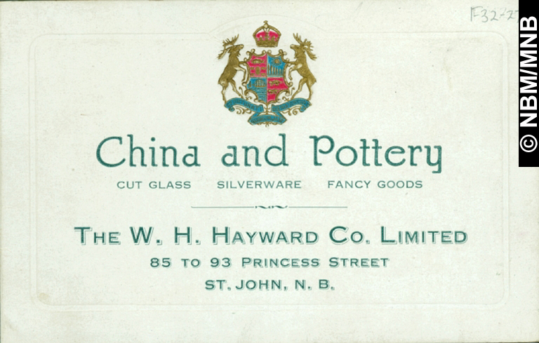 China and Pottery, W. H. Hayward Company Limited, Princess Street, Saint John, New Brunswick