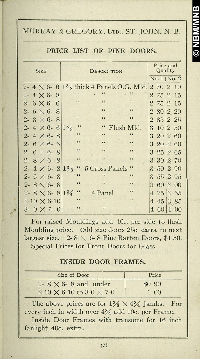 Price List: Sashes, Window Frames, Mouldings, Sheathing; Murray & Gregory Limited, Saint John, New Brunswick
