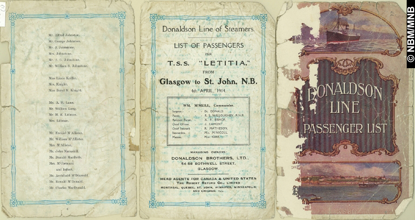 Passenger List, "Letitia", Donaldson Line, Glasgow to St. John, N.B.