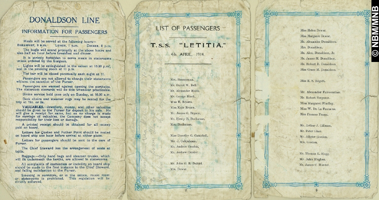 Passenger List, "Letitia", Donaldson Line, Glasgow to St. John, N.B.