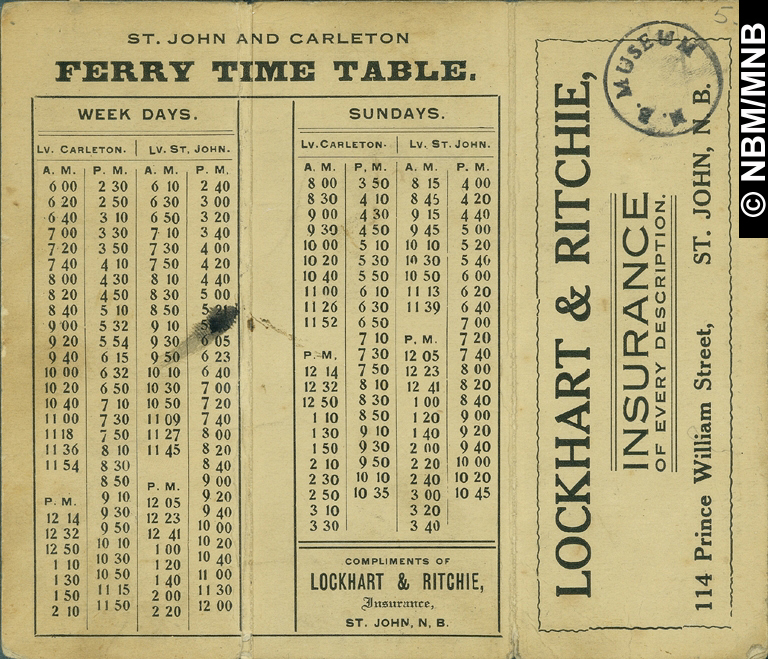 Ferry Time Table, St. John and Carleton, Saint John, New Brunswick