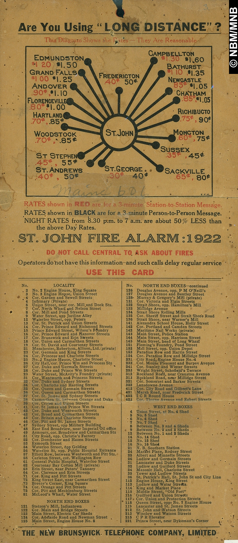 Long Distance Rates and Saint John Fire Alarm Boxes, Saint John, New Brunswick
