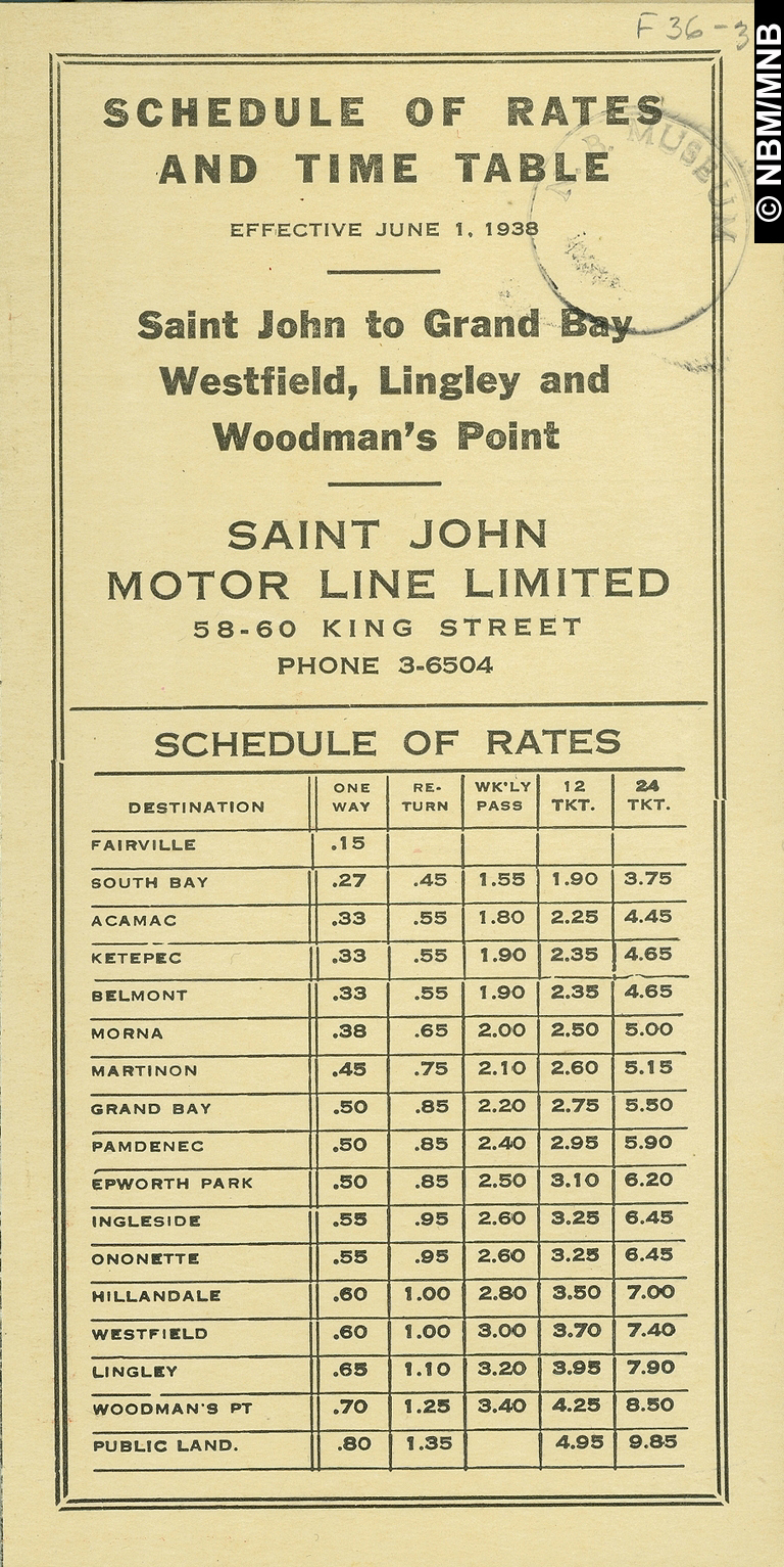 Schedule of rates and Time Table, Saint John to Grand Bay, Westfield, Lingley and Woodman