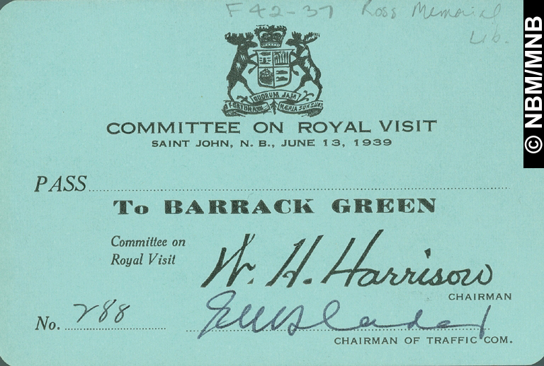 Pass to Barrack Green, Committee on Royal Visit, Saint John, New Brunswick