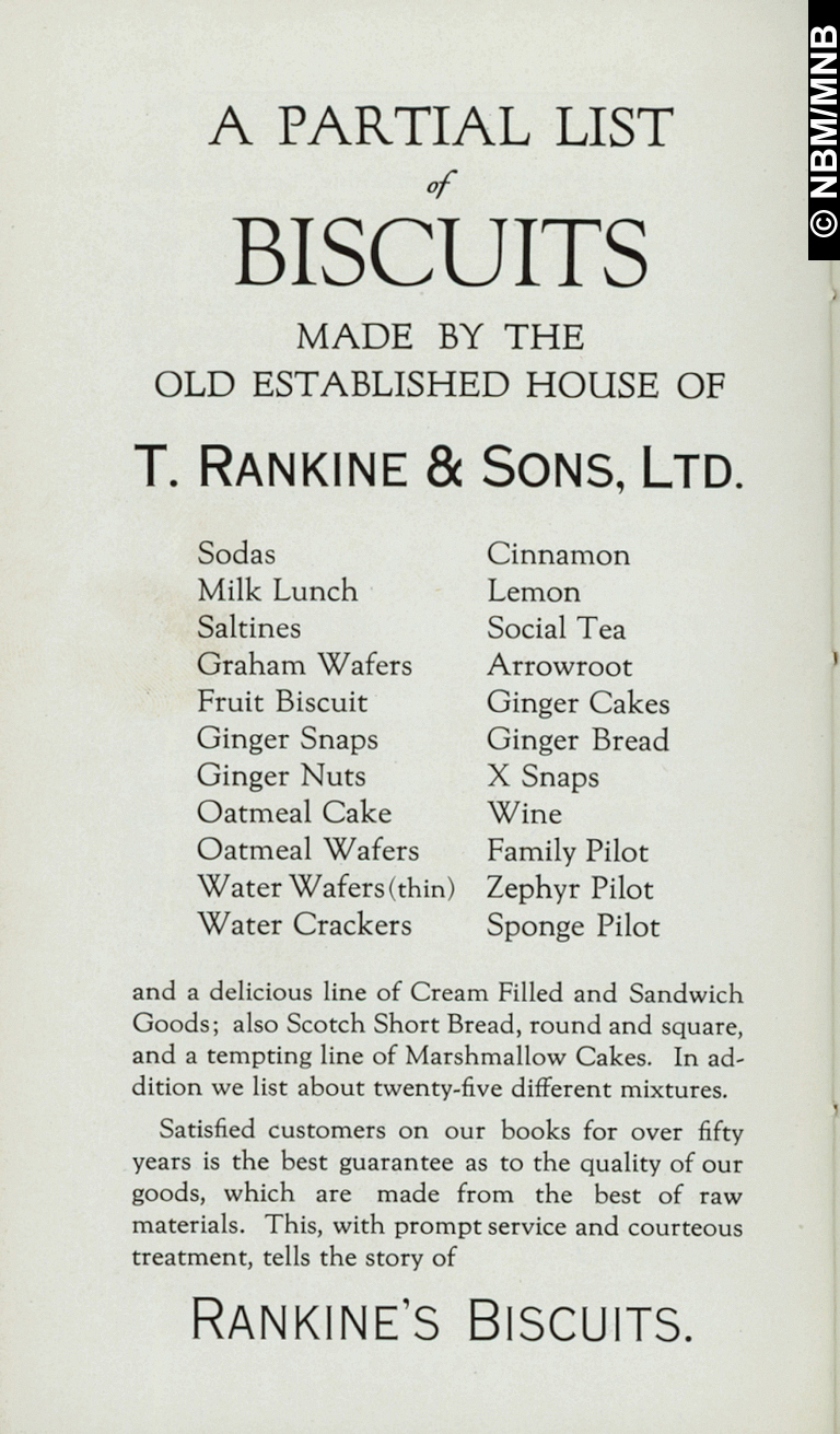 List of Biscuits, T. Rankine & Sons Limited, Biscuit Manufacturers, Saint John, New Brunswick