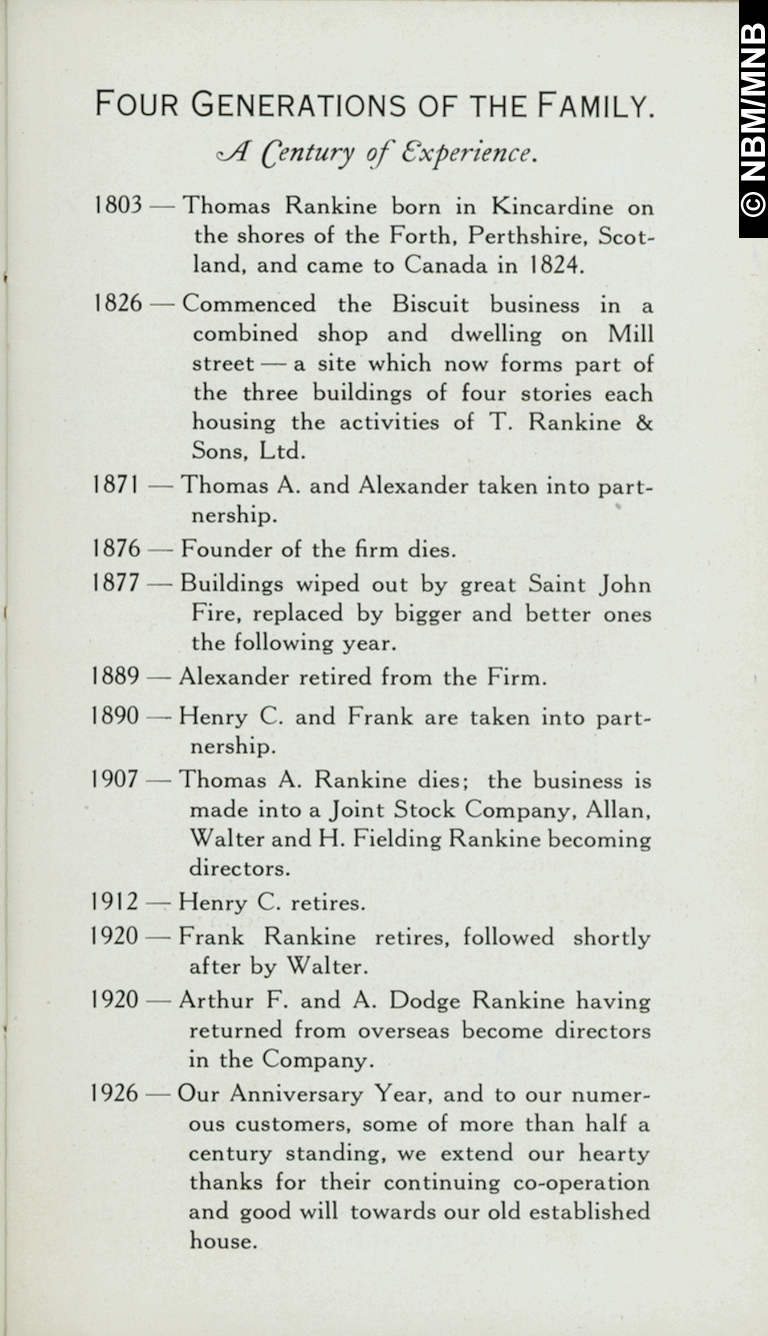Timeline, T. Rankine & Sons Limited, Biscuit Manufacturers, Saint John, New Brunswick