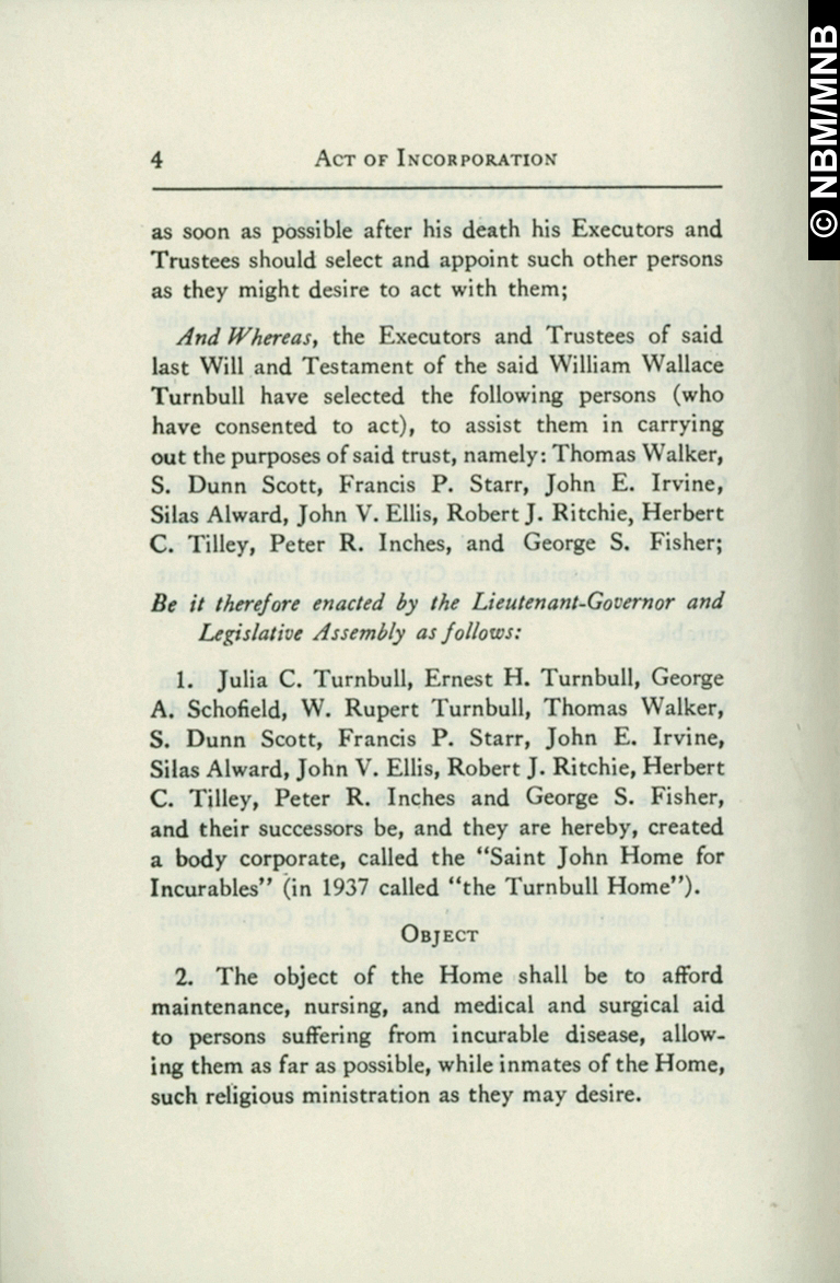 Act of Incorporation and By-Laws of the Turnbull Home, Saint John, New Brunswick