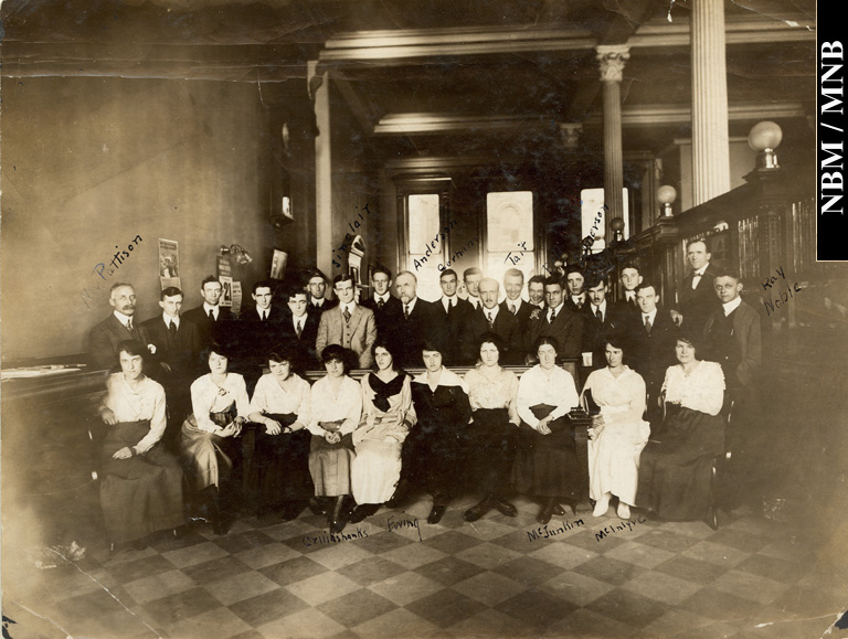 Interior view of lobby and employees of the Bank of Nova Scotia, Prince William Street, Saint John, New Brunswick