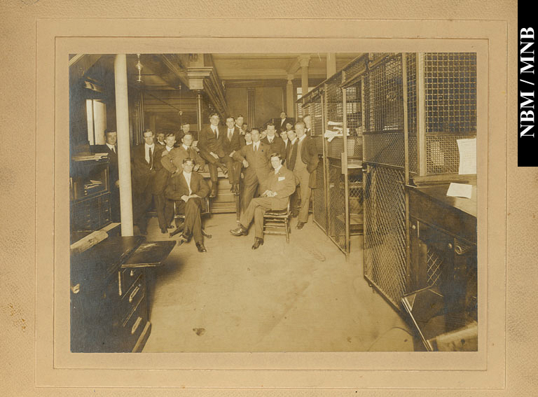 Interior view of the back rooms of the Bank of Nova Scotia with half of the employees, Prince William Street, Saint John, New Brunswick